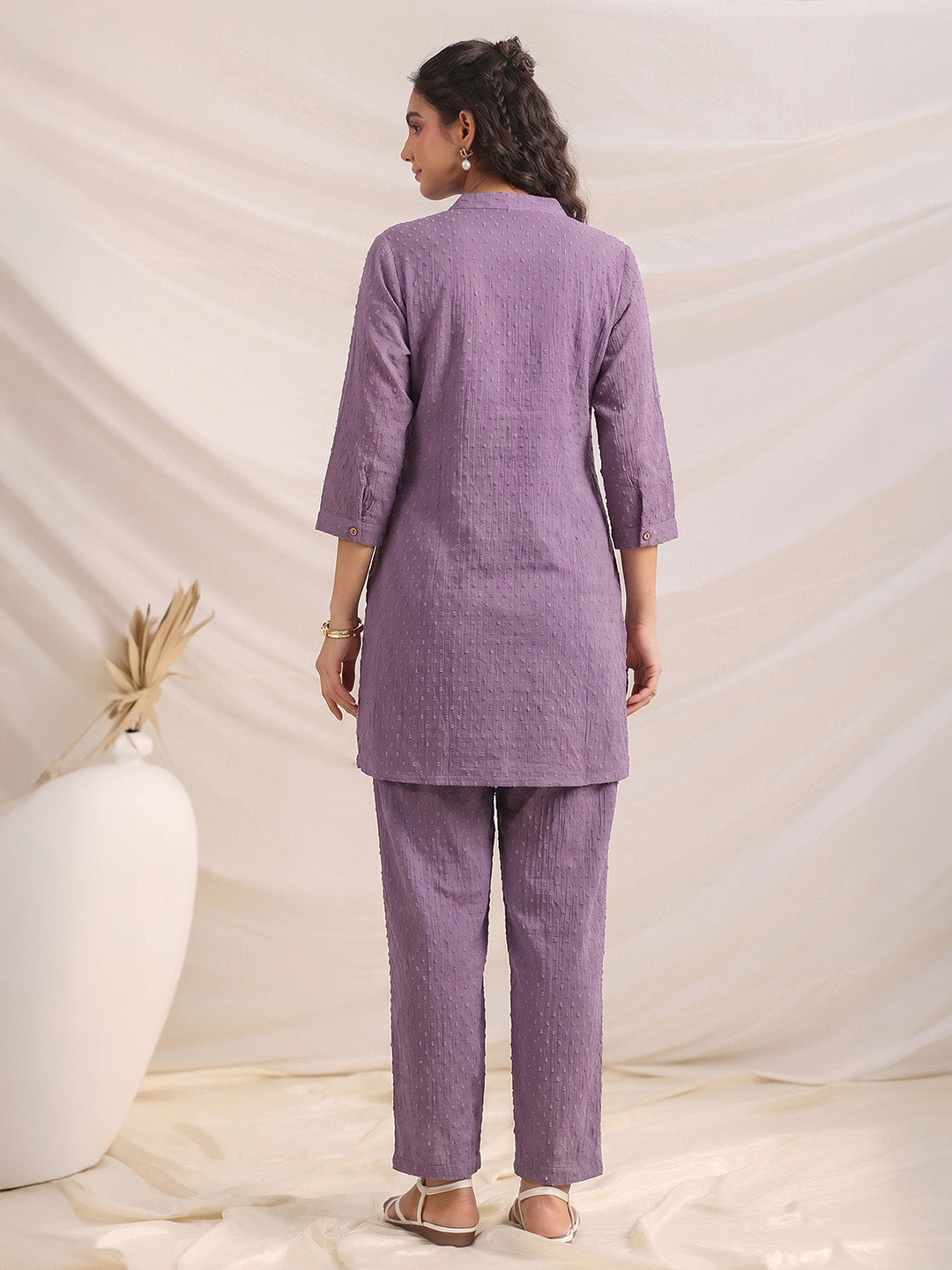 Janasya Lavender A-Line Dobby Chiffon Pant Co-ord Sets | Grocsy