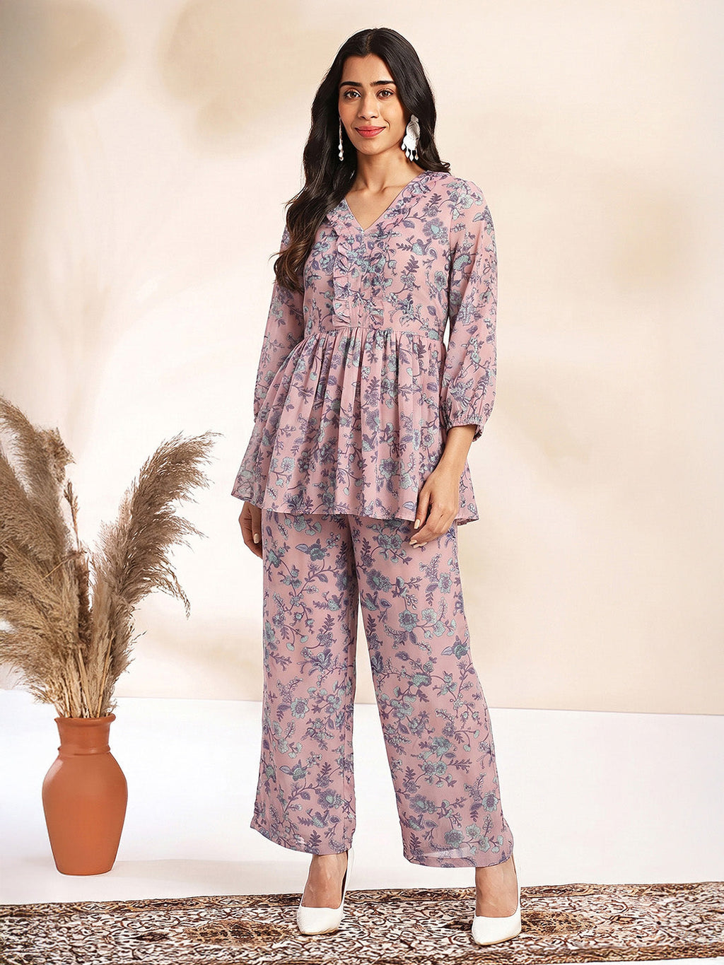 Janasya Baby Pink A-Line Georgette Pant Co-ord Sets | Grocsy