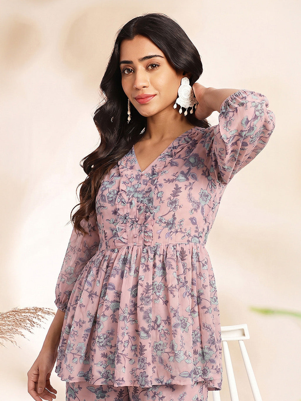 Janasya Baby Pink A-Line Georgette Pant Co-ord Sets | Grocsy