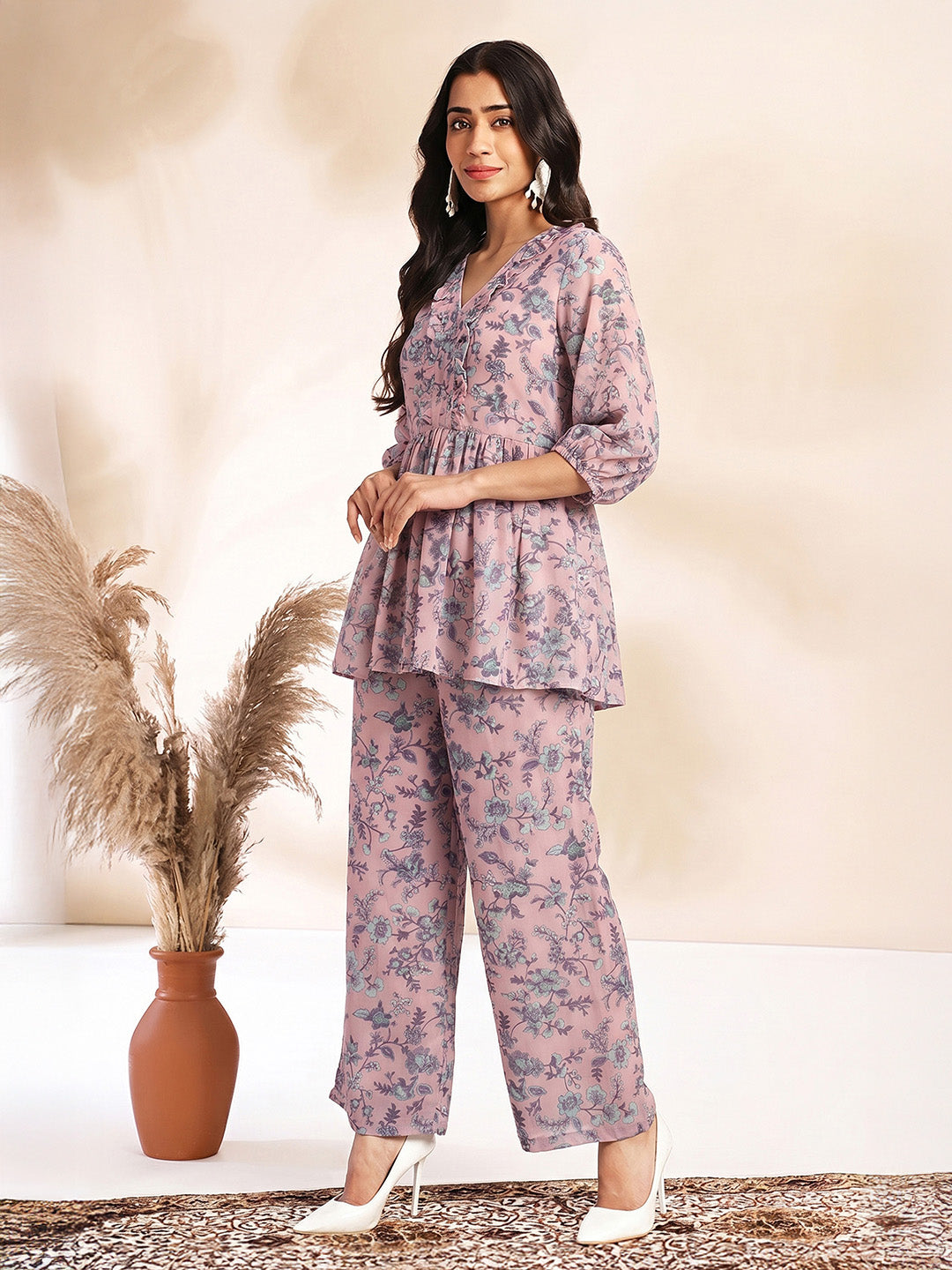 Janasya Baby Pink A-Line Georgette Pant Co-ord Sets | Grocsy