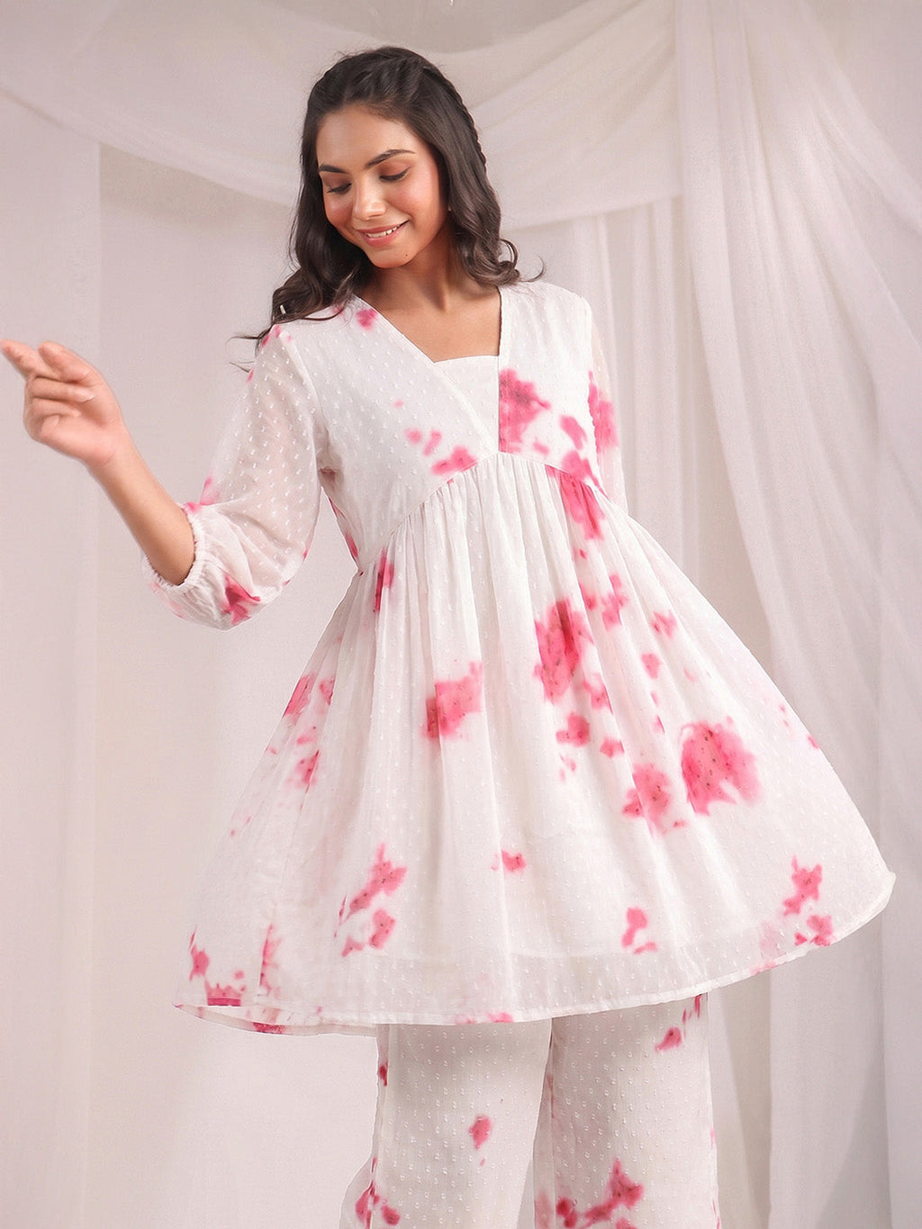 Janasya Off White Gathering Dobby Georgette Pant Co-ord Sets | Grocsy