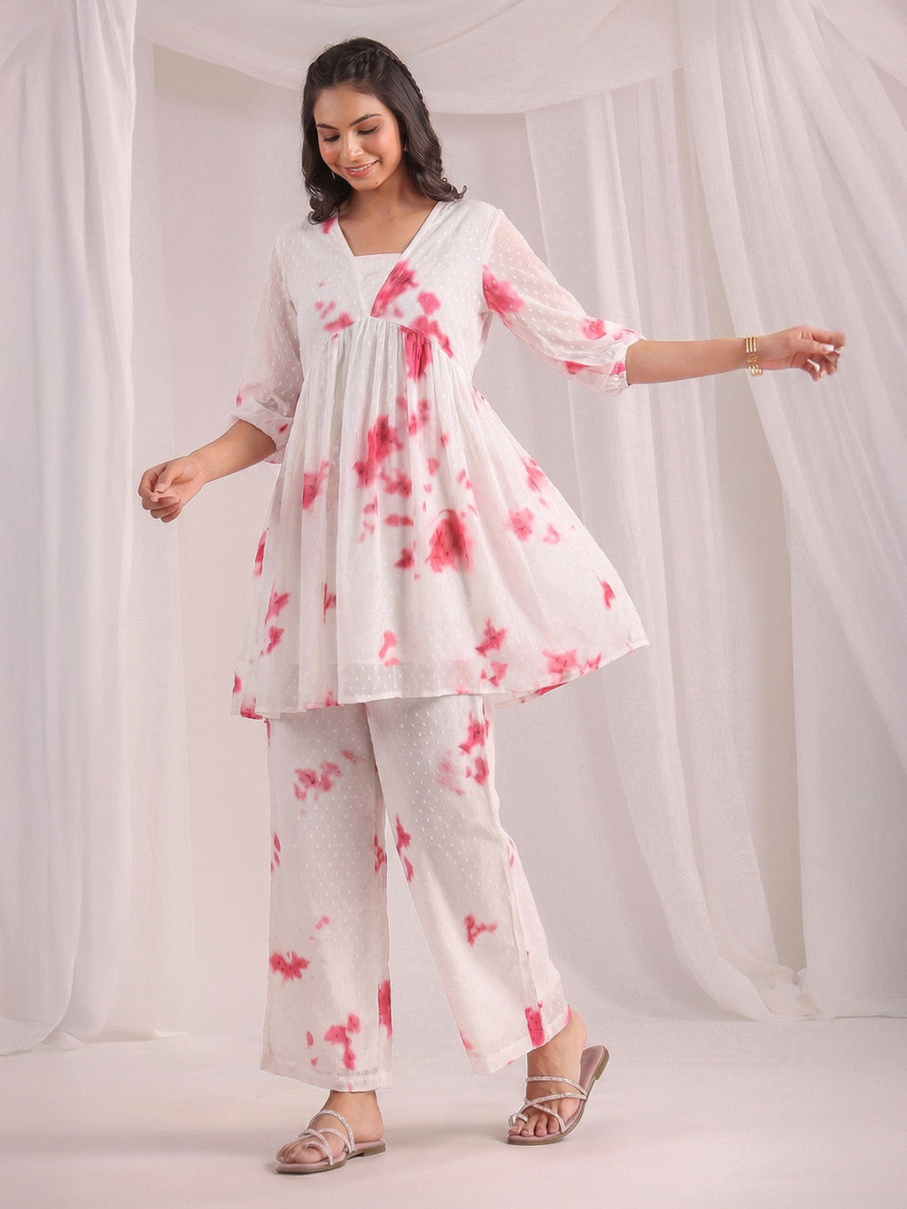 Janasya Off White Gathering Dobby Georgette Pant Co-ord Sets | Grocsy