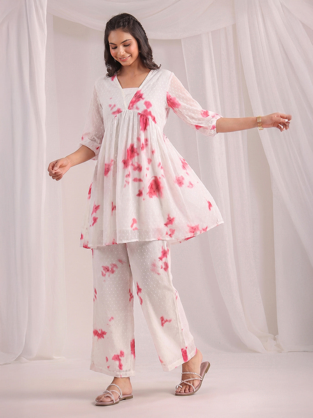 Janasya Off White Gathering Dobby Georgette Pant Co-ord Sets | Grocsy