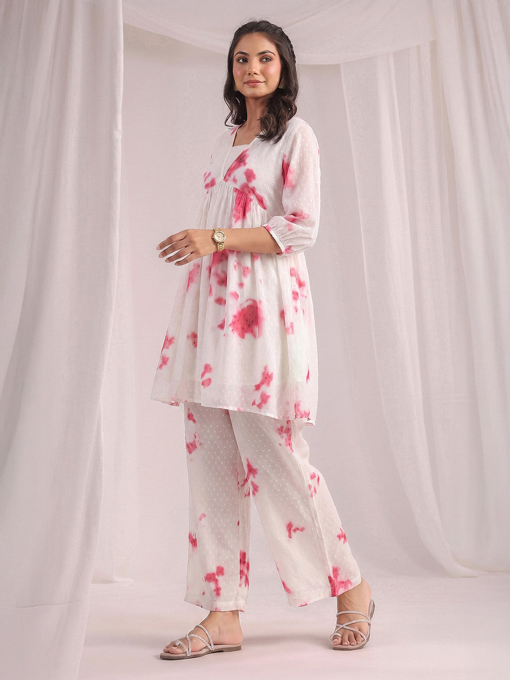 Janasya Off White Gathering Dobby Georgette Pant Co-ord Sets | Grocsy