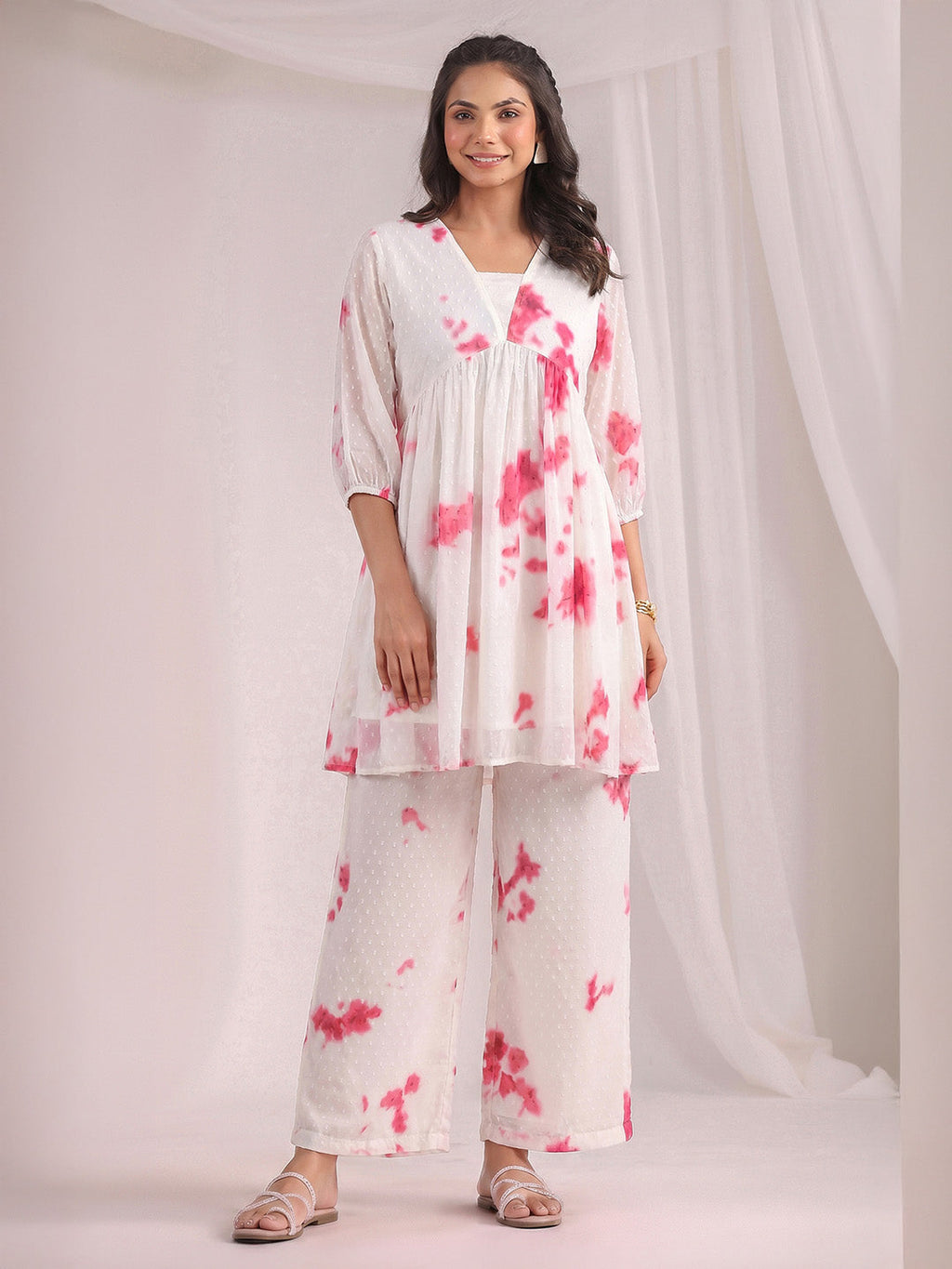 Janasya Off White Gathering Dobby Georgette Pant Co-ord Sets | Grocsy