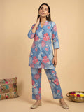 Janasya Blue Straight Cotton Pant Co-ord Sets | Grocsy