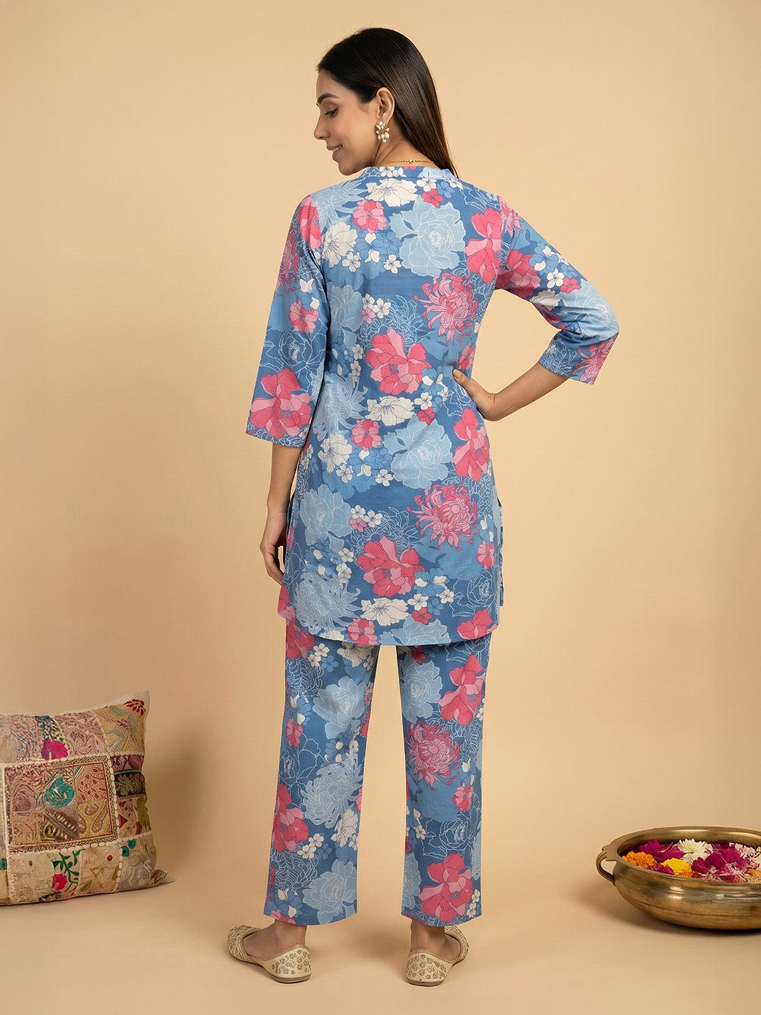 Janasya Blue Straight Cotton Pant Co-ord Sets | Grocsy