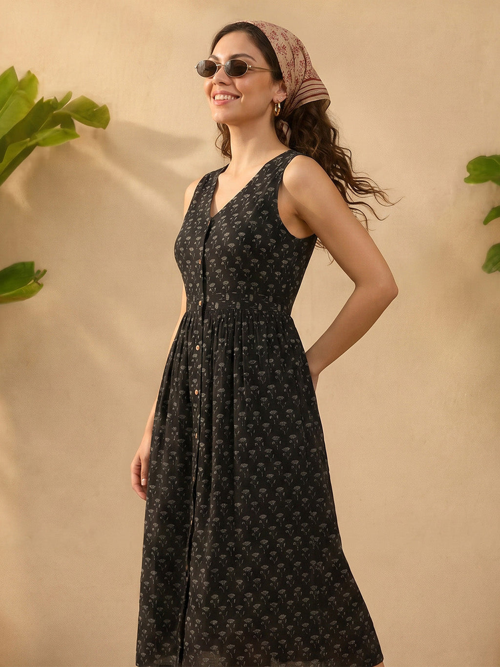 Janasya Black A-Line Cotton Dress | Grocsy