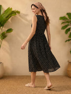 Janasya Black A-Line Cotton Dress | Grocsy