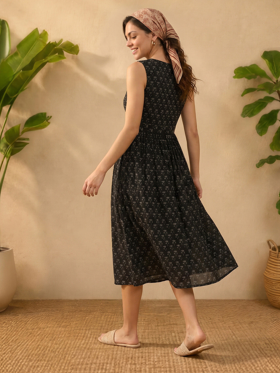 Janasya Black A-Line Cotton Dress | Grocsy