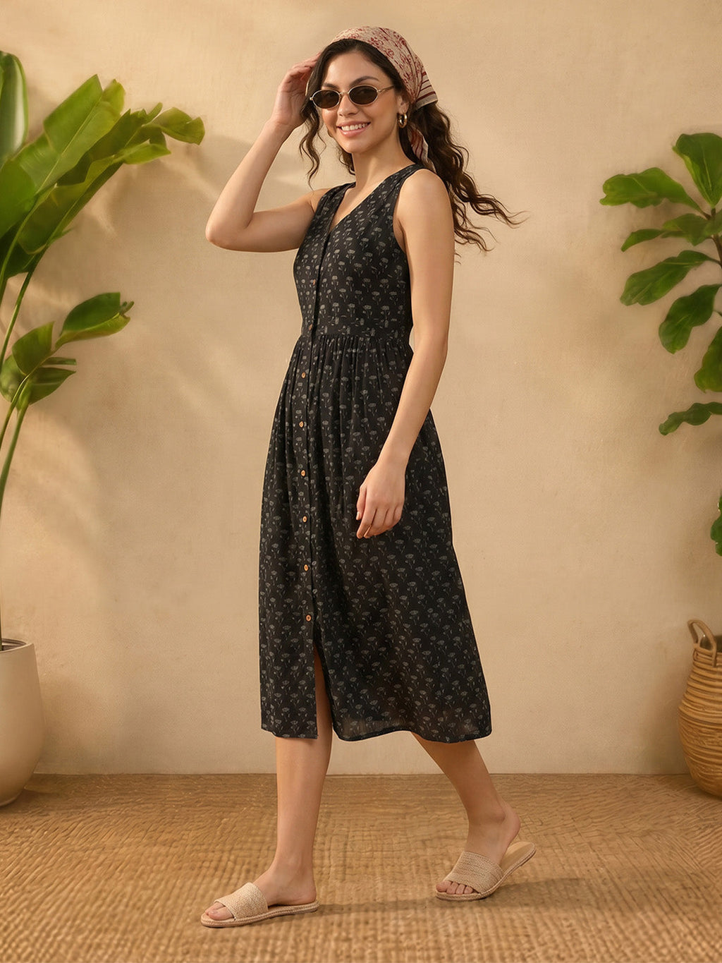Janasya Black A-Line Cotton Dress | Grocsy