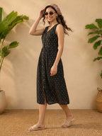 Janasya Black A-Line Cotton Dress | Grocsy
