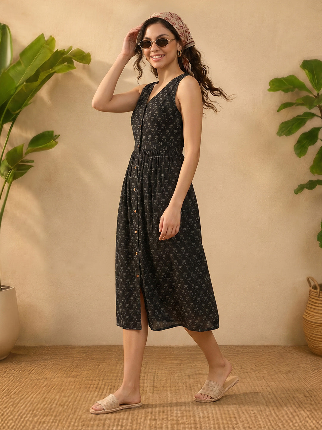 Janasya Black A-Line Cotton Dress | Grocsy