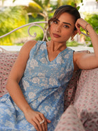 Janasya Powder Blue Flared Cotton Dress | Grocsy