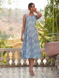 Janasya Powder Blue Flared Cotton Dress | Grocsy