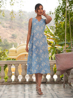 Janasya Powder Blue Flared Cotton Dress | Grocsy