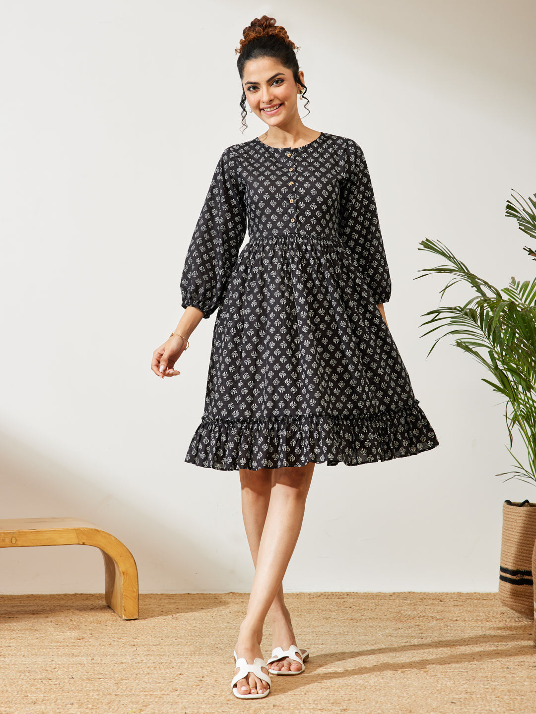 Janasya Black A-Line Cotton Dress | Grocsy