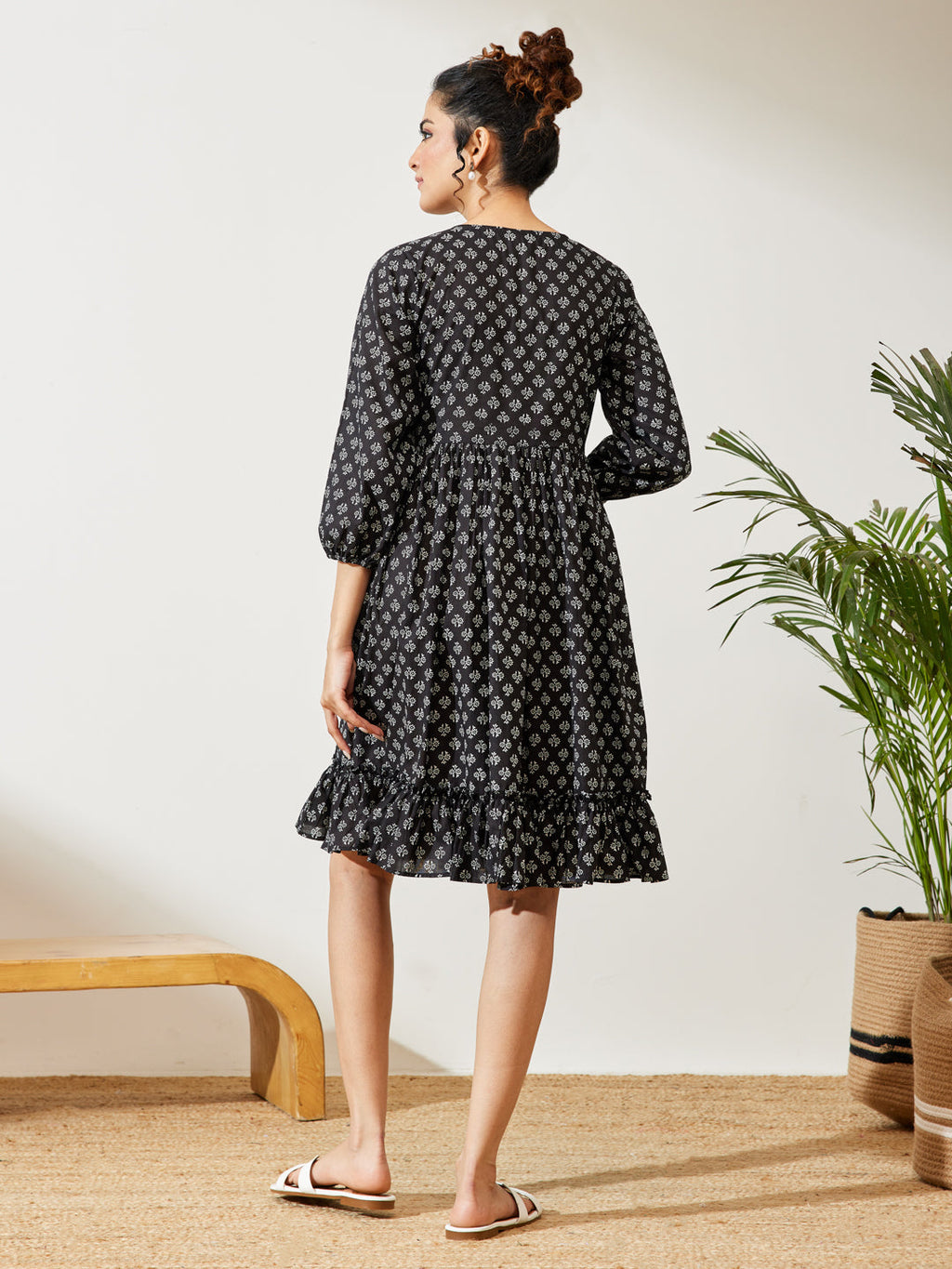 Janasya Black A-Line Cotton Dress | Grocsy