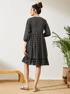 Janasya Black A-Line Cotton Dress | Grocsy