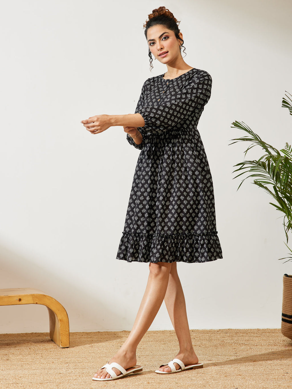 Janasya Black A-Line Cotton Dress | Grocsy