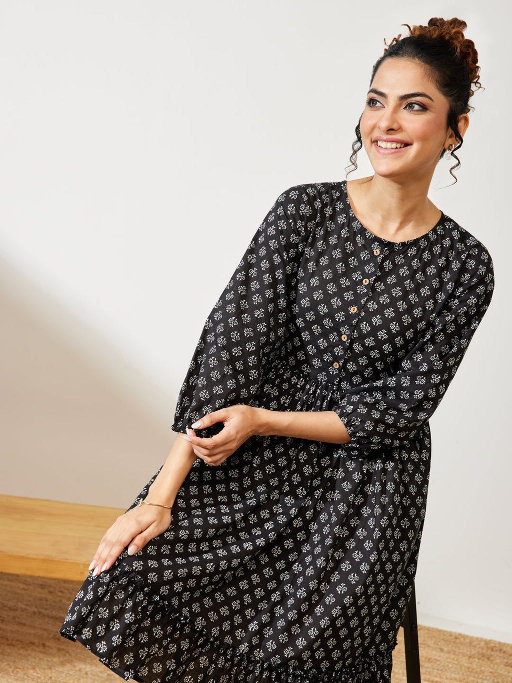 Janasya Black A-Line Cotton Dress | Grocsy