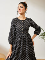 Janasya Black A-Line Cotton Dress | Grocsy
