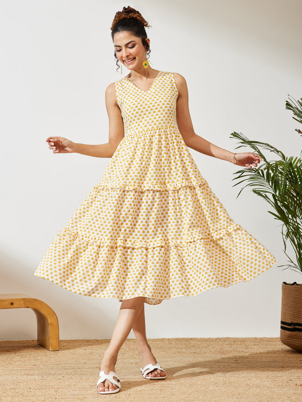 Janasya Off White Tiered Cotton Dress | Grocsy
