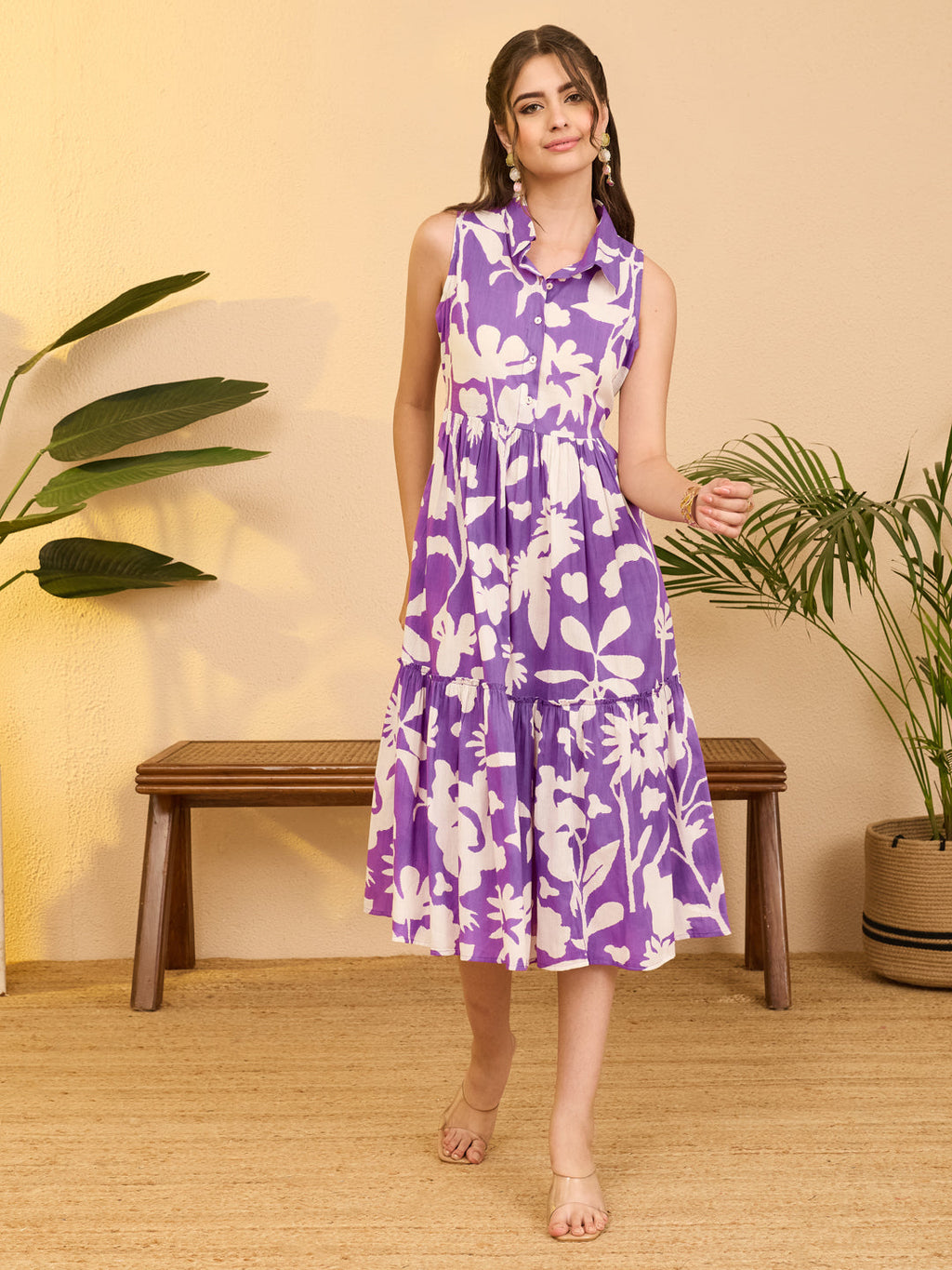 Janasya Purple A-Line Cotton Dress | Grocsy