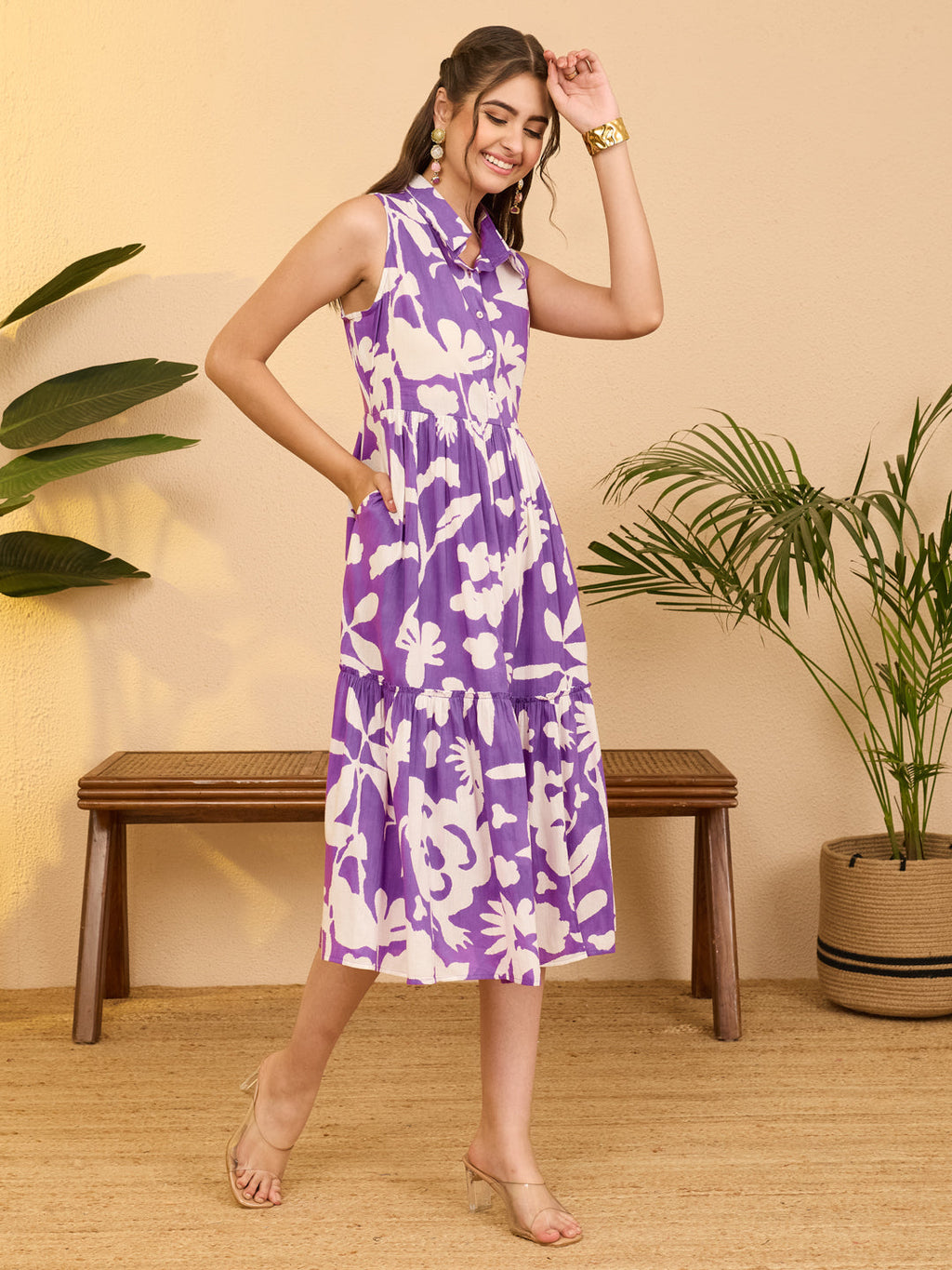 Janasya Purple A-Line Cotton Dress | Grocsy
