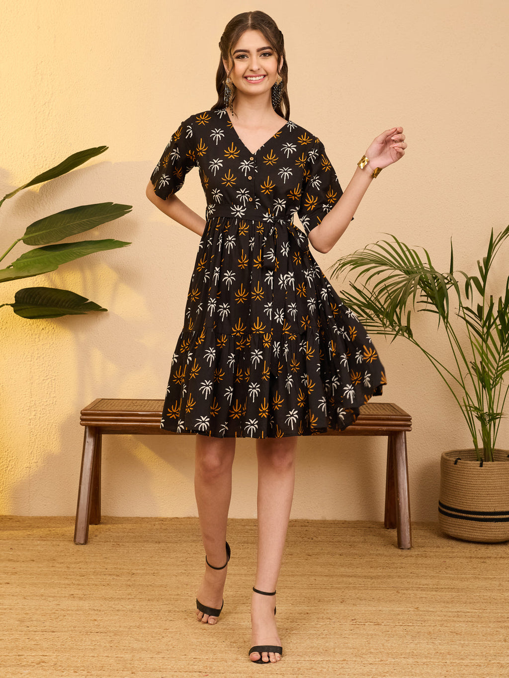 Janasya Black Fit & Flare Cotton Dress | Grocsy
