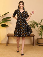 Janasya Black Fit & Flare Cotton Dress | Grocsy