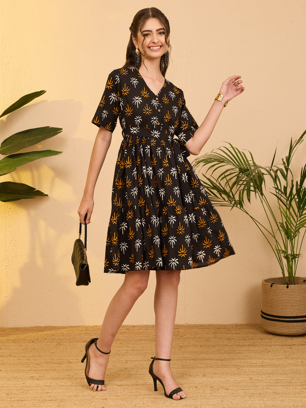 Janasya Black Fit & Flare Cotton Dress | Grocsy