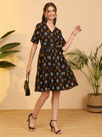 Janasya Black Fit & Flare Cotton Dress | Grocsy