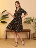 Janasya Black Fit & Flare Cotton Dress | Grocsy