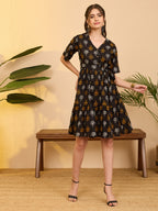 Janasya Black Fit & Flare Cotton Dress | Grocsy