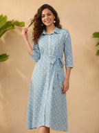 Janasya Sky Blue Shirt Style Cotton Dress | Grocsy