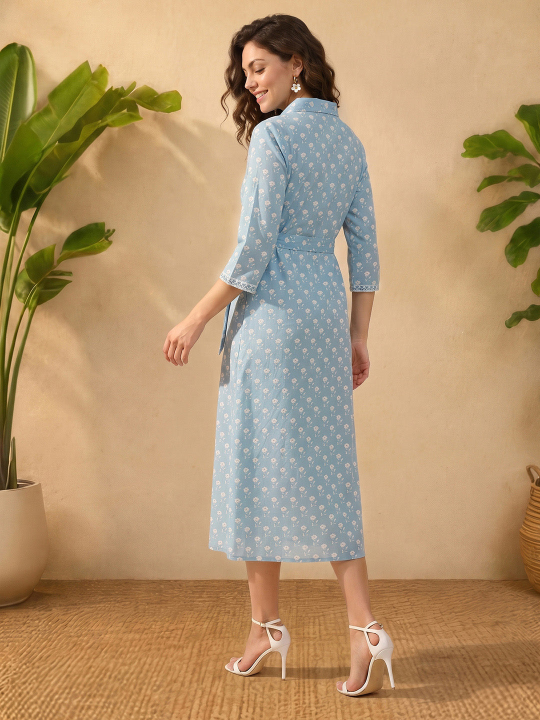 Janasya Sky Blue Shirt Style Cotton Dress | Grocsy
