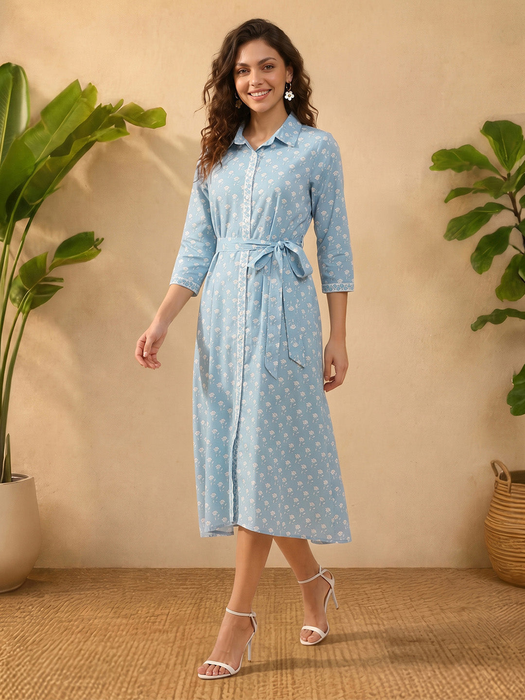 Janasya Sky Blue Shirt Style Cotton Dress | Grocsy