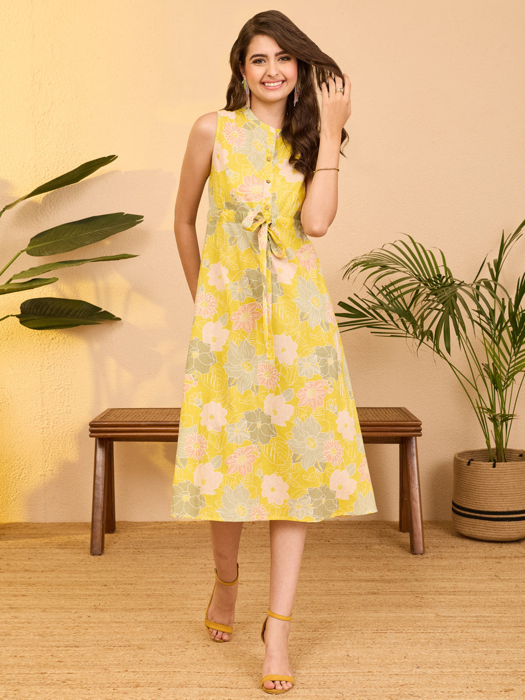 Janasya Yellow A-Line Cotton Dress | Grocsy