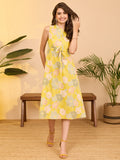 Janasya Yellow A-Line Cotton Dress | Grocsy