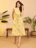 Janasya Yellow A-Line Cotton Dress | Grocsy
