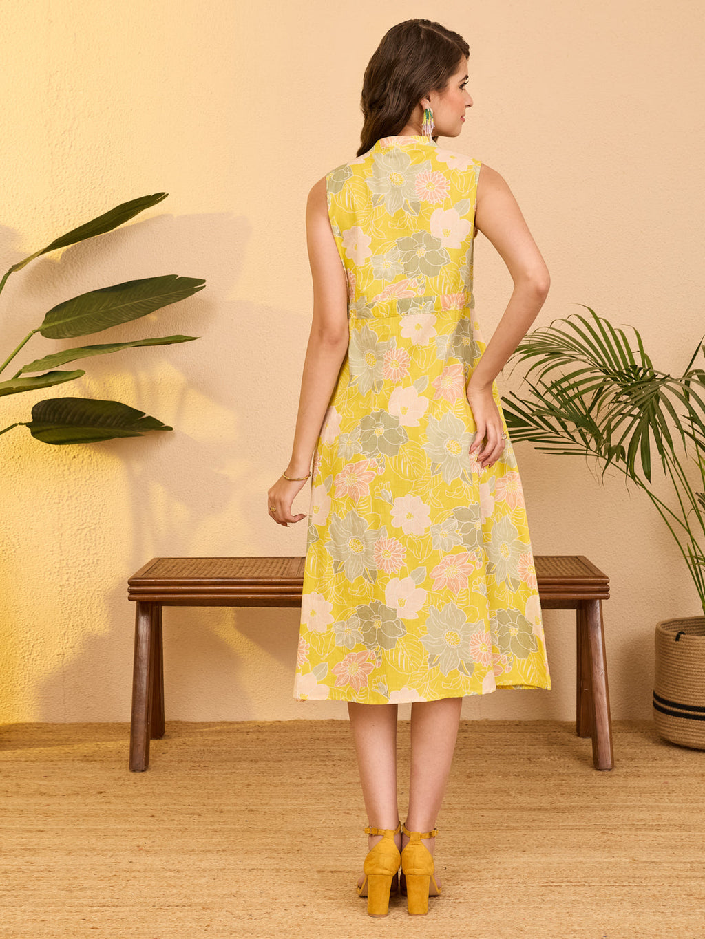 Janasya Yellow A-Line Cotton Dress | Grocsy