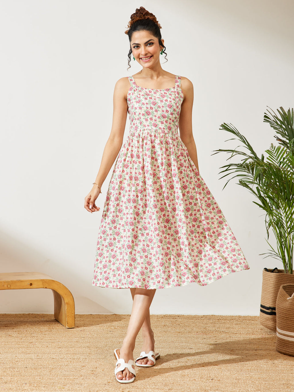 Janasya Off White A-Line Cotton Dress | Grocsy