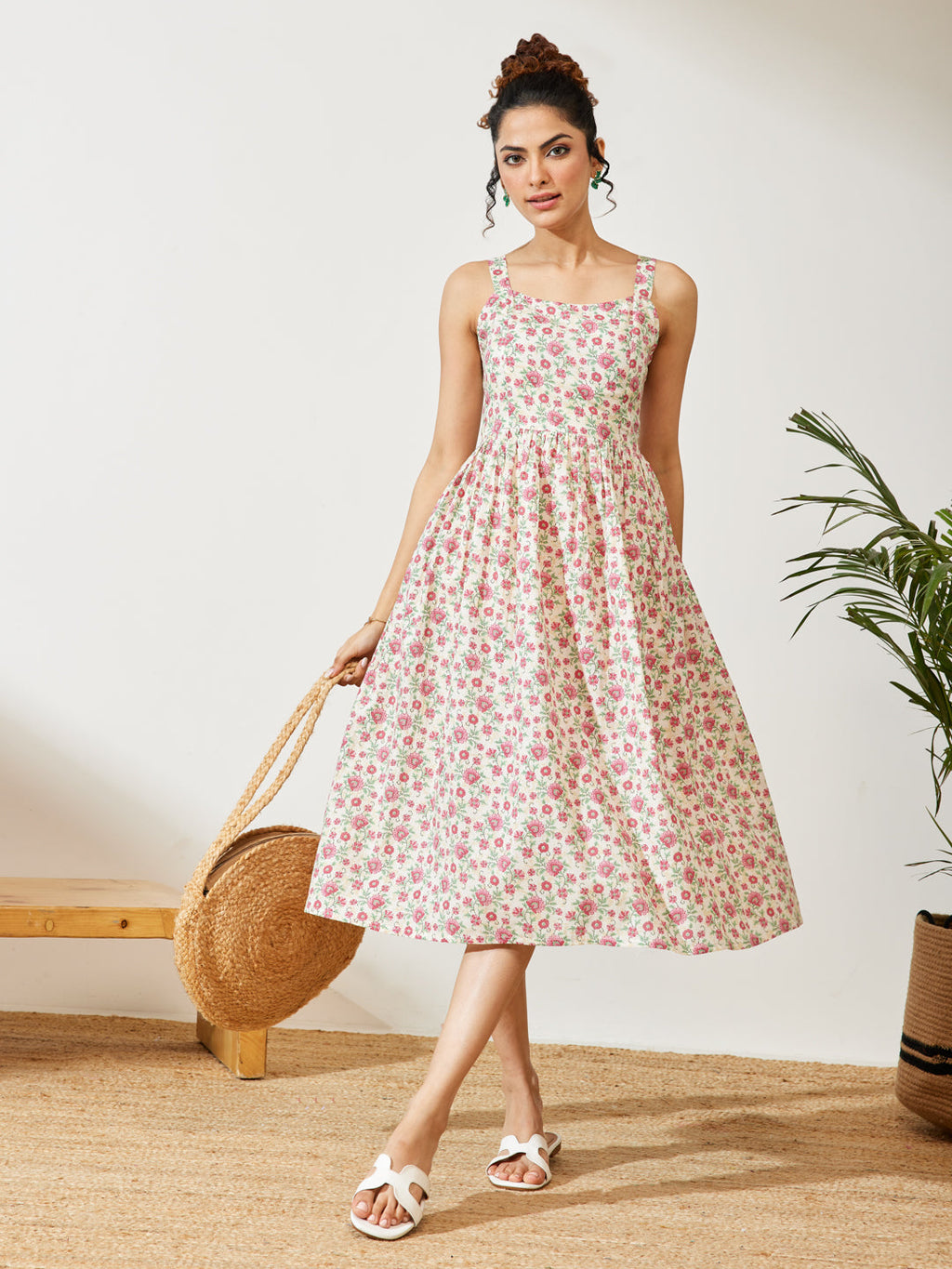 Janasya Off White A-Line Cotton Dress | Grocsy