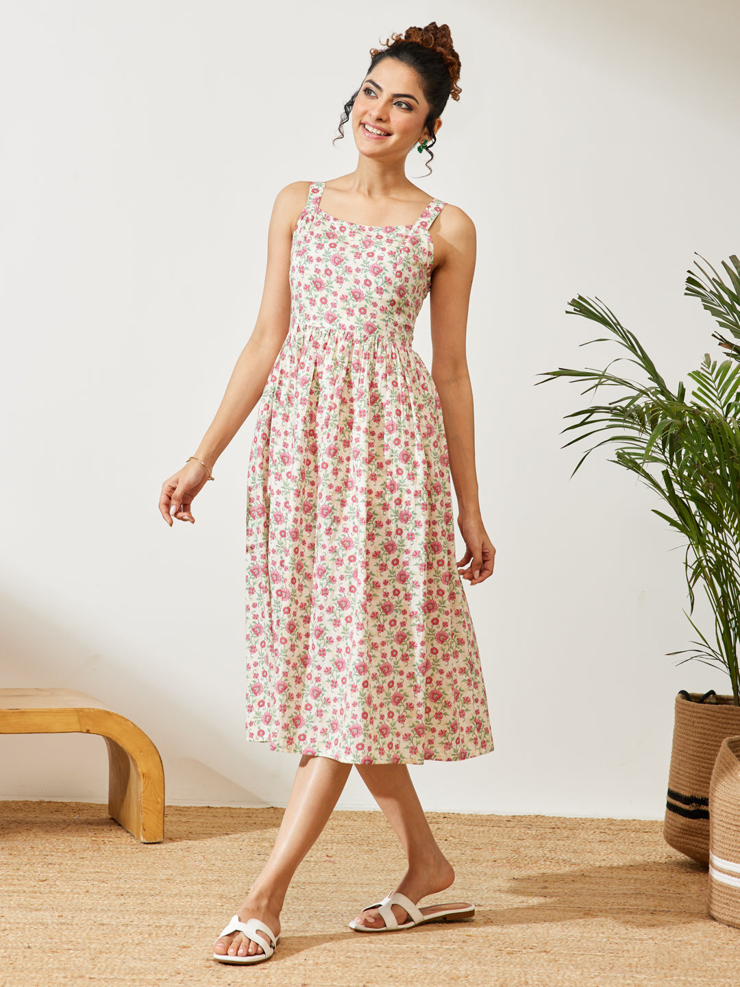 Janasya Off White A-Line Cotton Dress | Grocsy