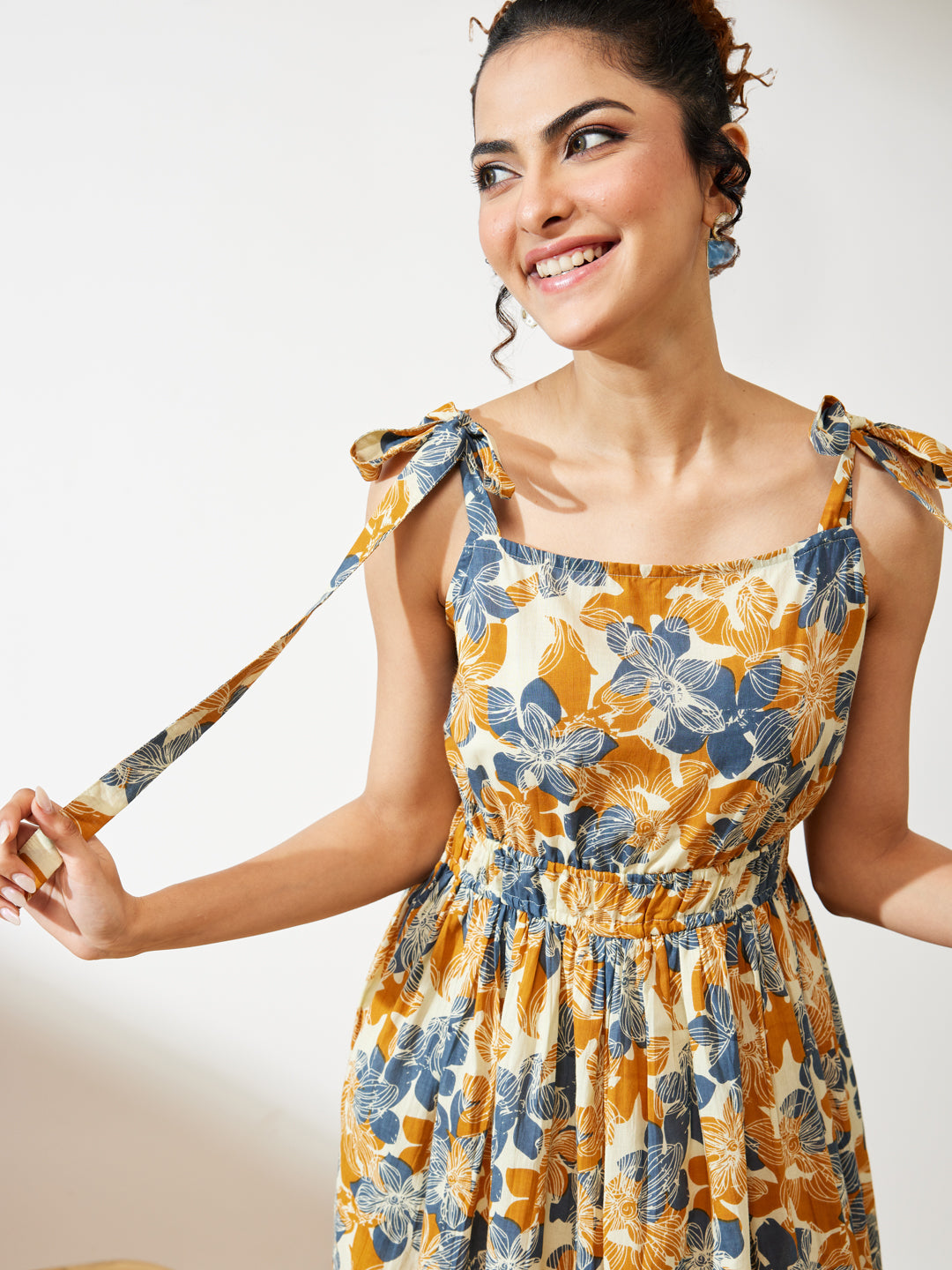 Janasya Cream Fit & Flare Cotton Dress | Grocsy