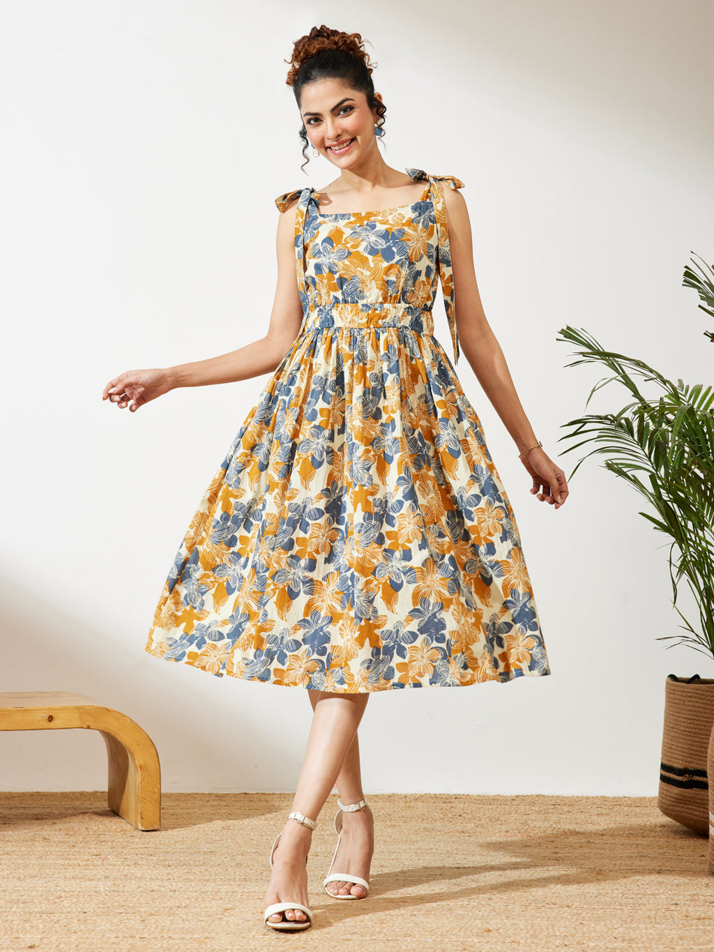 Janasya Cream Fit & Flare Cotton Dress | Grocsy