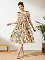 Janasya Cream Fit & Flare Cotton Dress | Grocsy