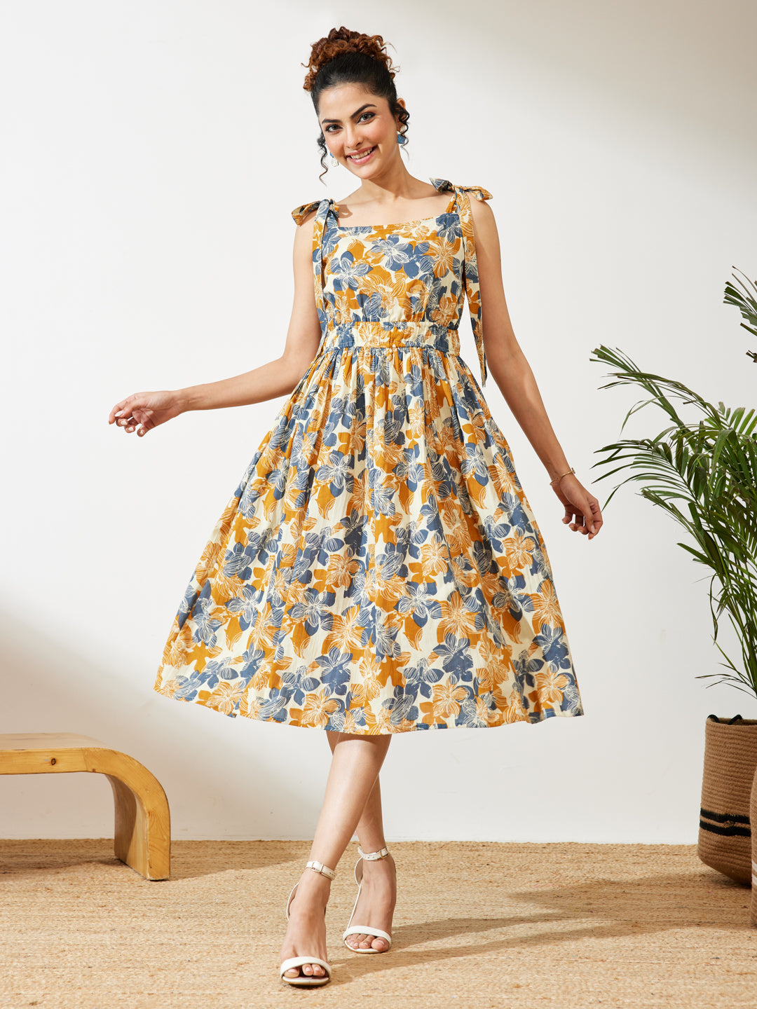 Janasya Cream Fit & Flare Cotton Dress | Grocsy