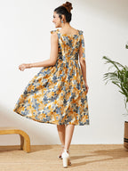 Janasya Cream Fit & Flare Cotton Dress | Grocsy
